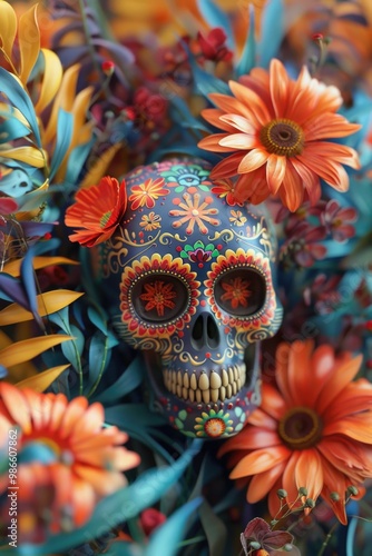 Colorful sugar skull surrounded by vibrant flowers