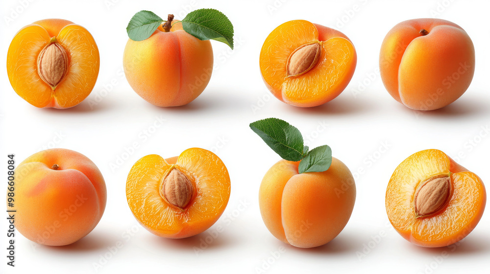 Fresh apricots, whole and halved, on a white background. Fresh apricots, whole and halved, on a white background.