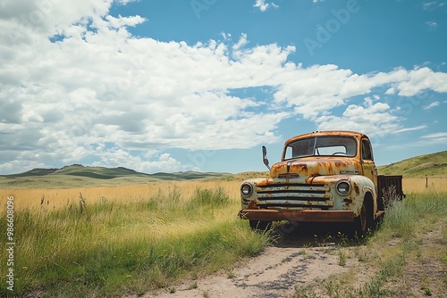 Rusty vintage truck abandoned in a field. Americana nostalgia, farm, country, nature, sky, clouds.