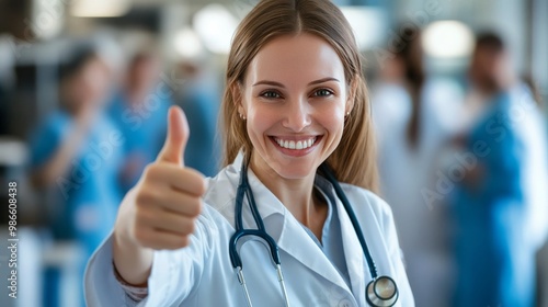 Medicine marvel: Female doctor's thumbs up.