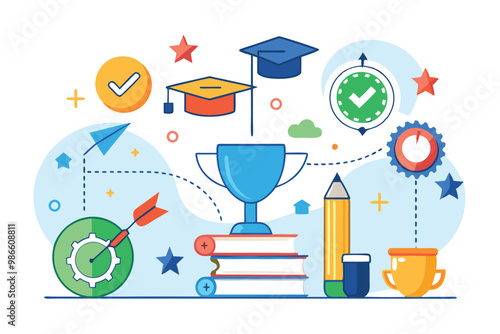This illustration showcases various symbols of education, achievement, and self-directed learning, Achievement and self-guided education, simple drawing