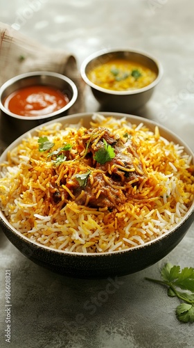 Delicious Biryani with Chicken and Side Sauces - Indian Cuisine.