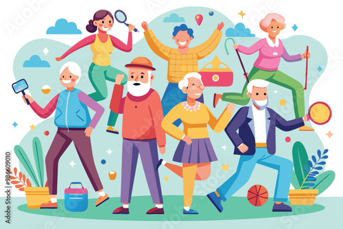Elderly friends happily engage in diverse hobbies, highlighting their active lifestyles in a cheerful setting, Active elderly people with customizable semi-flat illustrations.