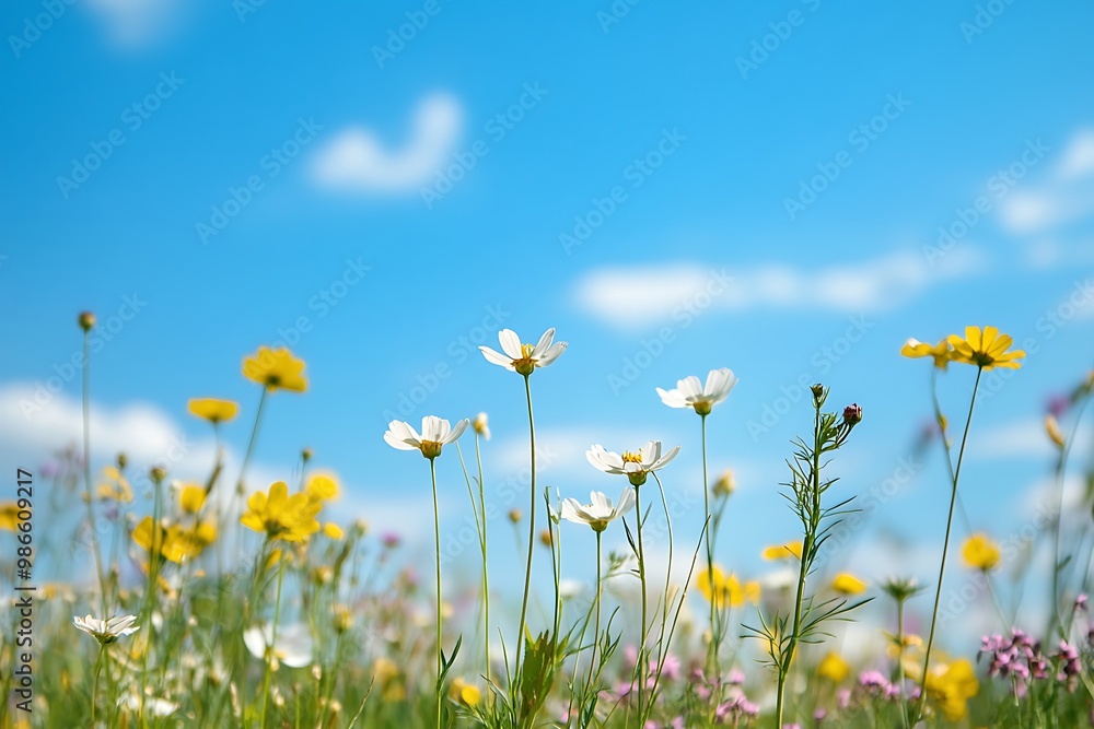 White and yellow wildflowers in a meadow under a blue sky with white clouds White and yellow wildflowers in a meadow under a blue sky with white clouds
