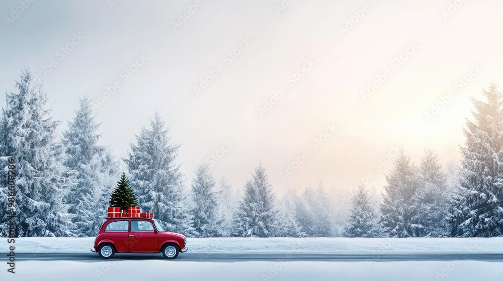 A small red car traveling along a winter road covered in snow, adorned with a Christmas tree on its roof and surrounded by colorful gift boxes in the forest A small red car traveling along a winter road covered in snow, adorned with a Christmas tree on its roof and surrounded by colorful gift boxes in the forest