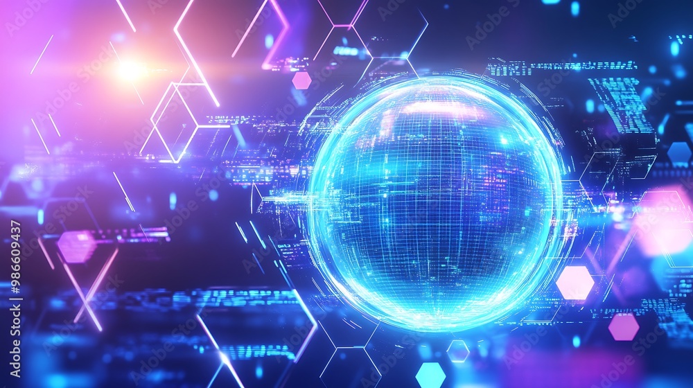 Obraz premium A glowing blue sphere in a futuristic digital space, surrounded by hexagons and data streams, representing global connectivity and innovation.