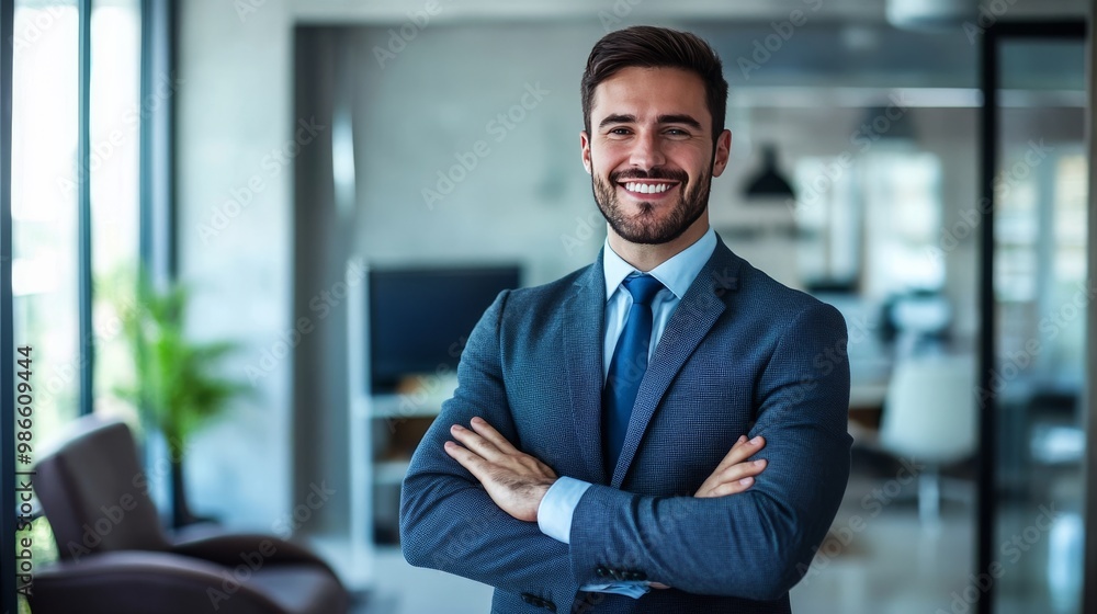 Grinning businessman at work.