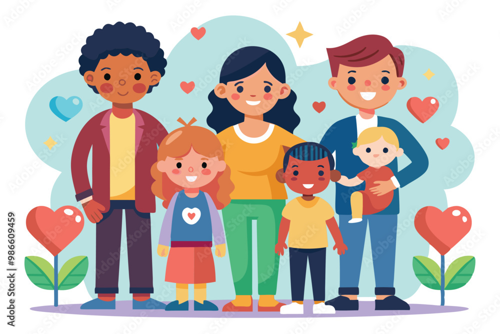 Fototapeta premium A joyful family stands together, showcasing love and happiness while adopting children with unique designs, Adopting children with customizable illustrations in a disproportionate manner.