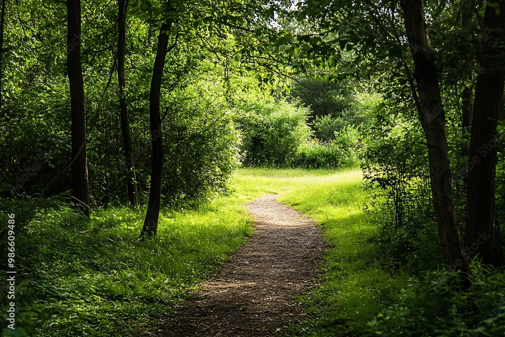 Obraz premium Sunbeams illuminate a winding path through a lush green forest