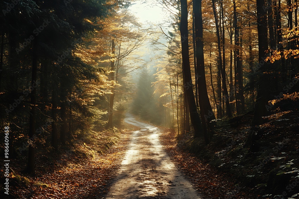 Fototapeta premium Sunlight streams through trees in autumn forest with path leading into the woods