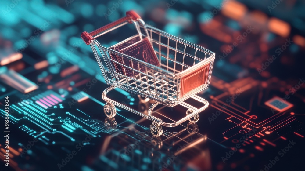 A shopping cart sits on a circuit board, representing the digital nature of online shopping. A shopping cart sits on a circuit board, representing the digital nature of online shopping.