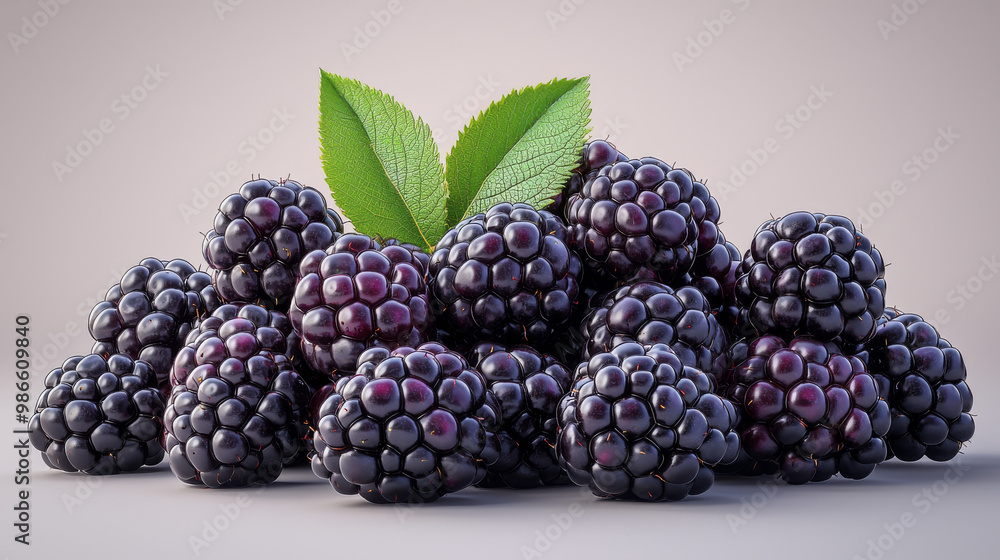 Fresh, plump blackberries with green leaves. Fresh, plump blackberries with green leaves.