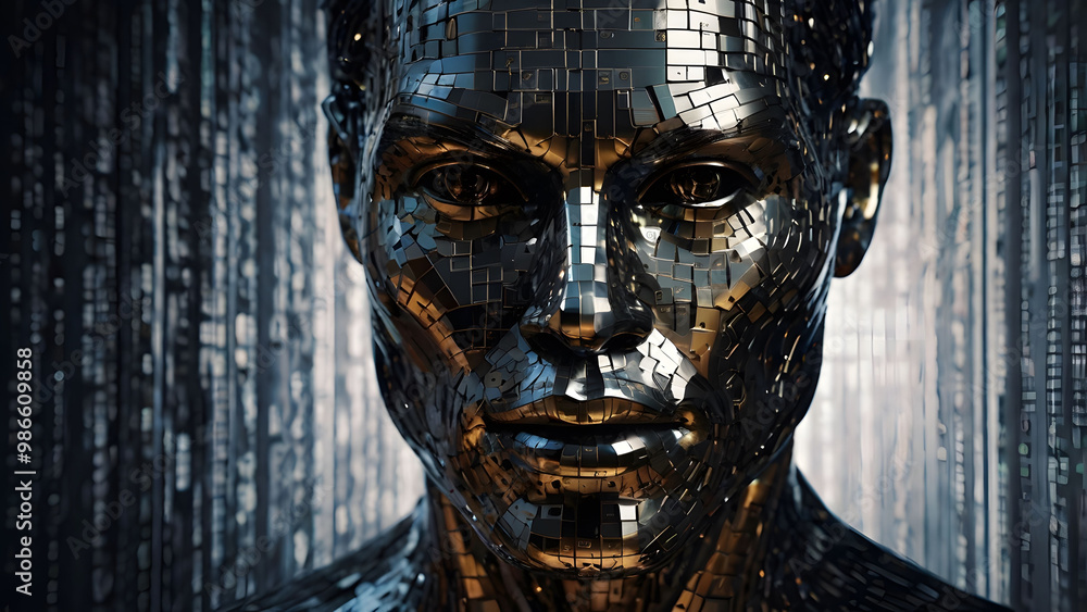 Futuristic Metallic Robot Face with Digital Background Futuristic Metallic Robot Face with Digital Background