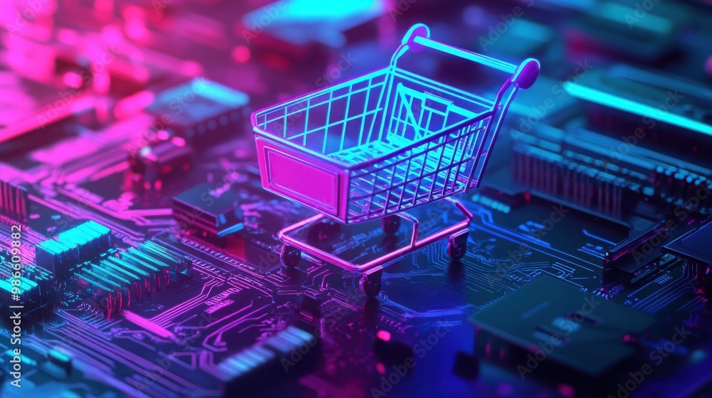 A shopping cart icon glows with neon pink and blue light, sitting atop a circuit board. The scene evokes the concept of online shopping and digital commerce. A shopping cart icon glows with neon pink and blue light, sitting atop a circuit board. The scene evokes the concept of online shopping and digital commerce.