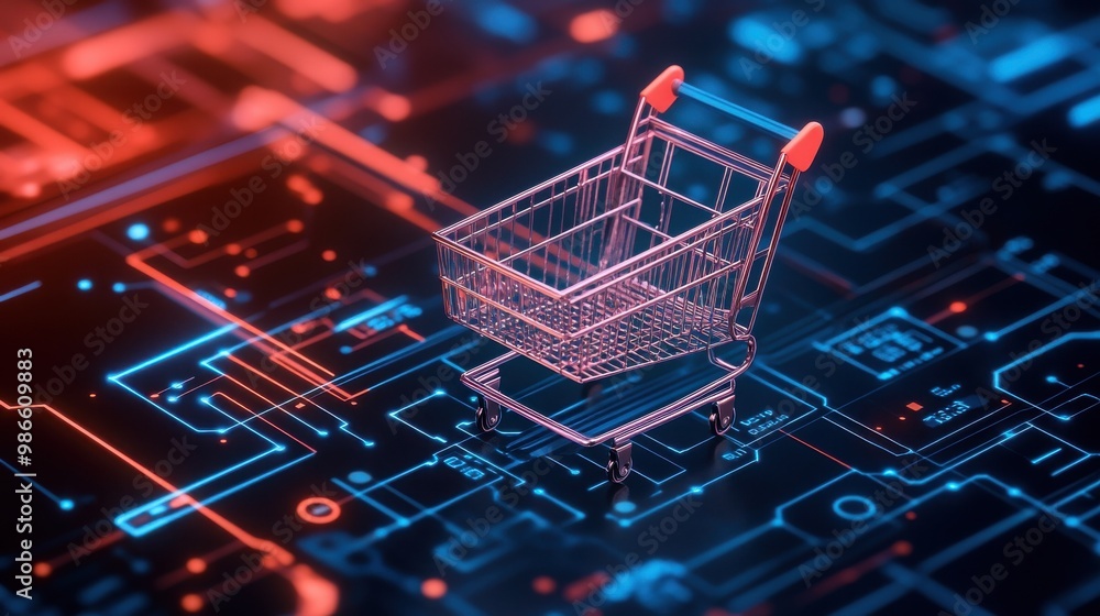 A shopping cart sits on a futuristic circuit board, representing the rise of online shopping. A shopping cart sits on a futuristic circuit board, representing the rise of online shopping.