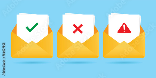 Check mark in envelope. Approved, rejected and warning messages. Confirmed sign in email. New letter. Vector icons in flat style
