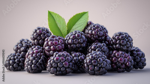 Fresh, plump blackberries with green leaves.