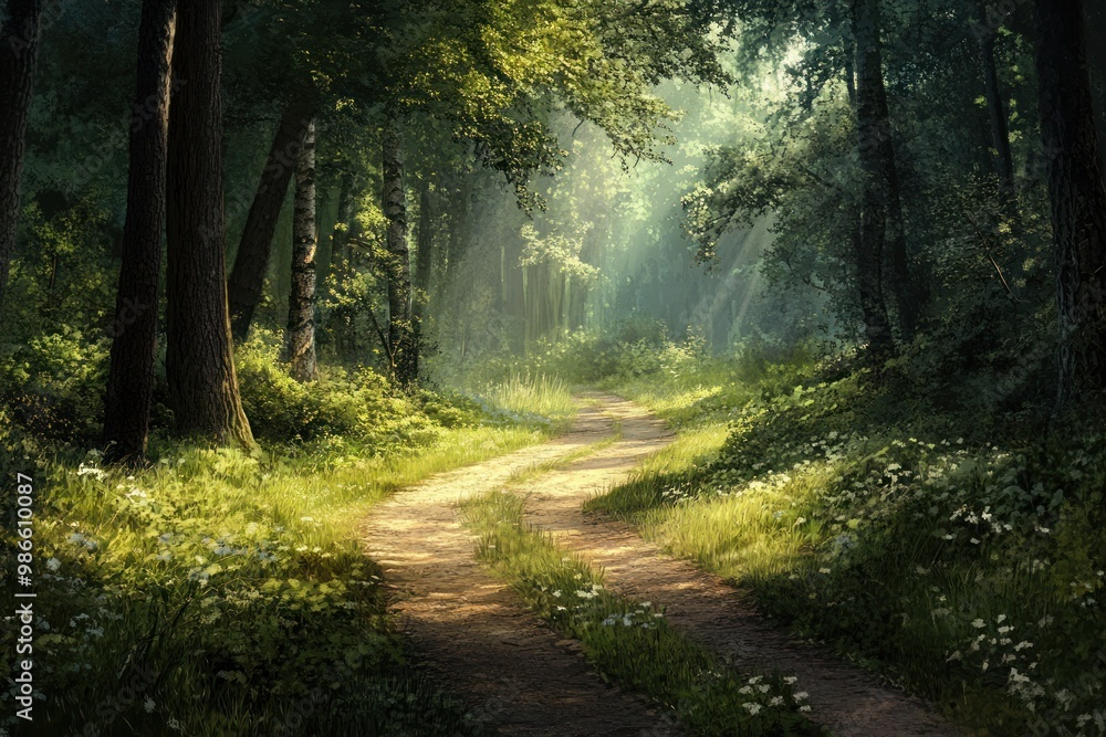 Obraz premium A Sun-Dappled Path Through a Lush Forest