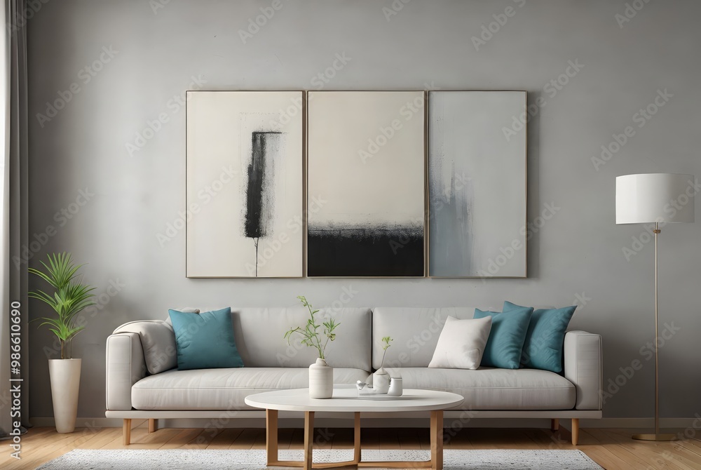 Fototapeta premium おしゃれなモノトーンコーディネートのリビングルーム、ソファー