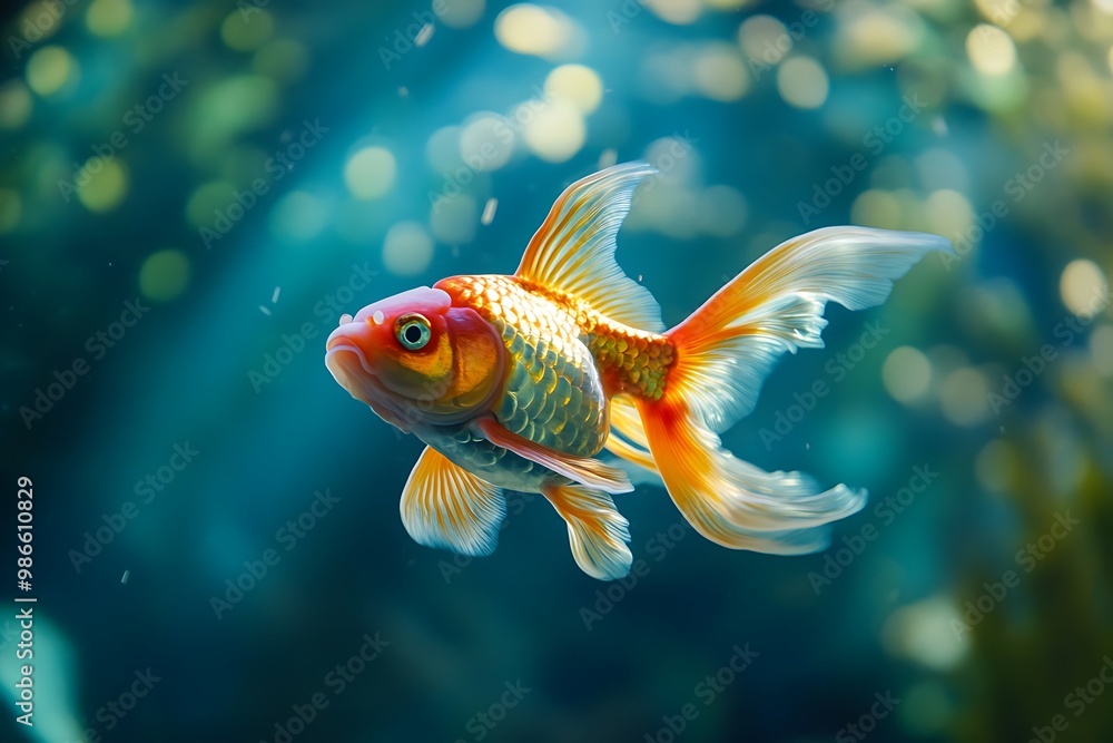 Goldfish swimming in aquarium with blurred background. Beautiful and colorful fish. Pet, nature, underwater Goldfish swimming in aquarium with blurred background. Beautiful and colorful fish. Pet, nature, underwater