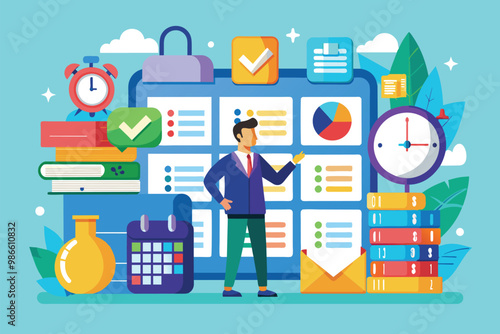 A business professional is analyzing a schedule filled with charts, reminders, and tools for effective planning, Agreed business schedule, flat illustration.