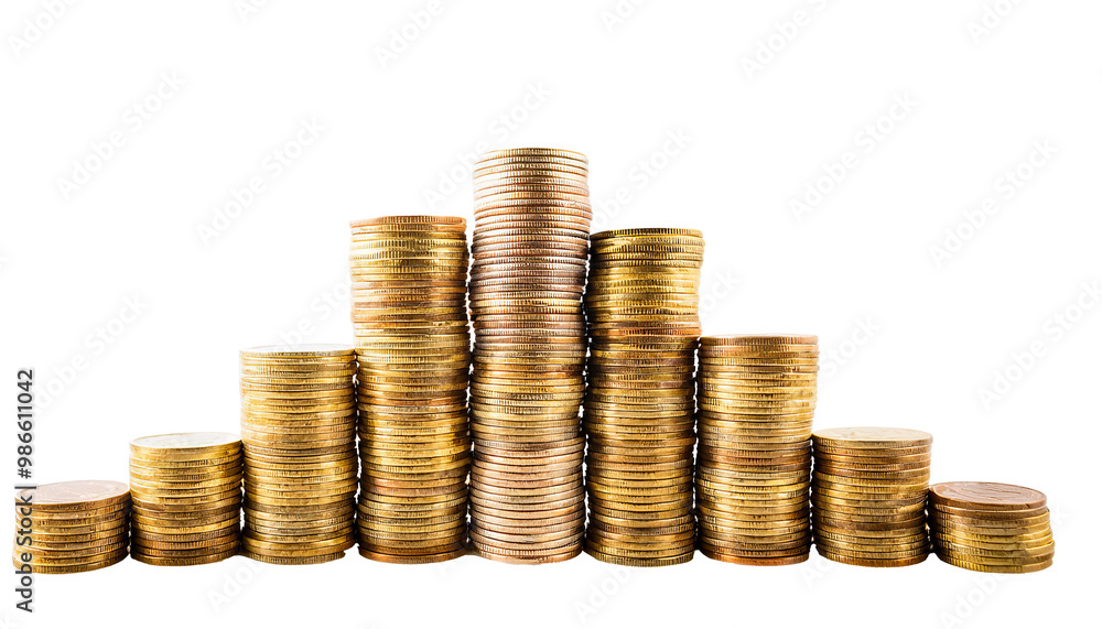 A stack of gleaming gold coins arranged in piles, isolated on a transparent background A stack of gleaming gold coins arranged in piles, isolated on a transparent background