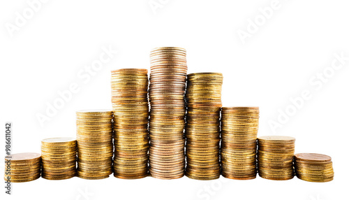 A stack of gleaming gold coins arranged in piles, isolated on a transparent background