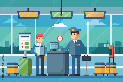 A traveler interacts with security staff at an airport checkpoint, surrounded by luggage and monitors, Airport security checkpoint illustration