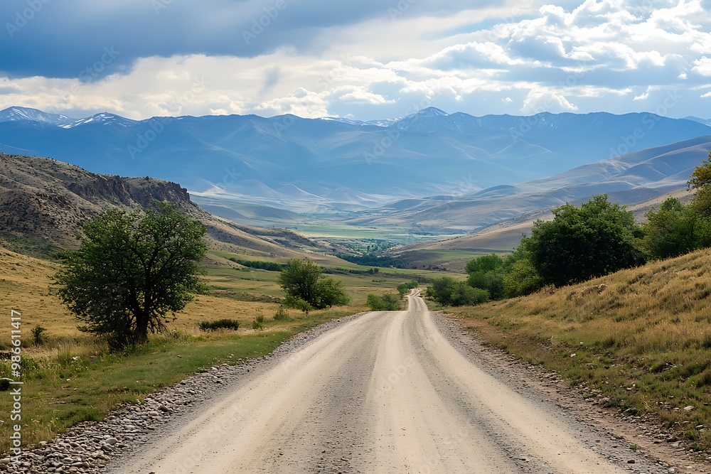 Fototapeta premium Scenic Dirt Road Leading to Mountains Under Blue Sky with Clouds