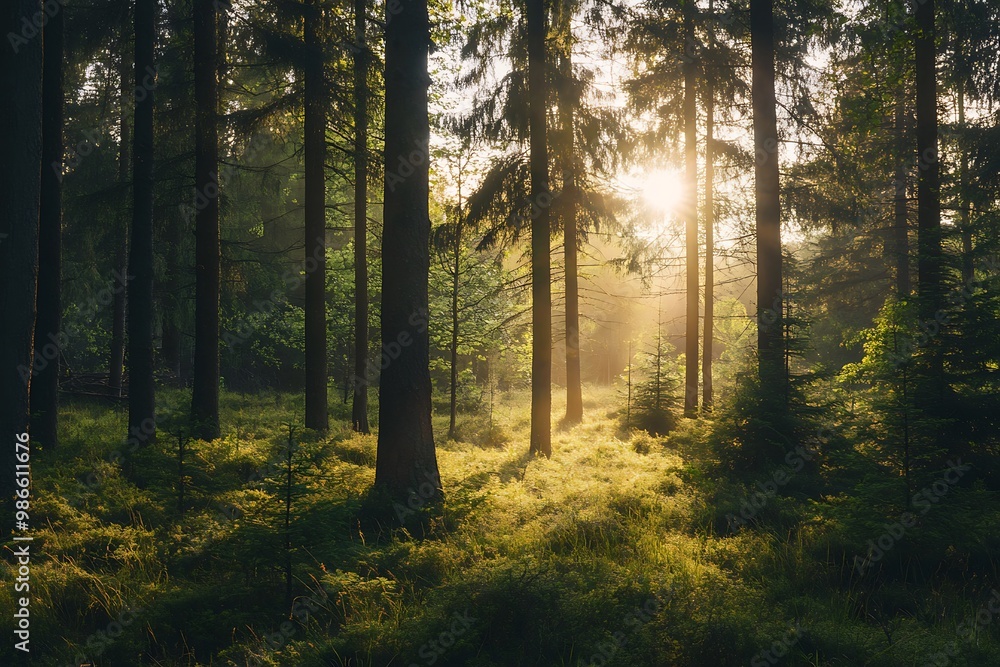 Sunlight shining through trees in a green forest Sunlight shining through trees in a green forest