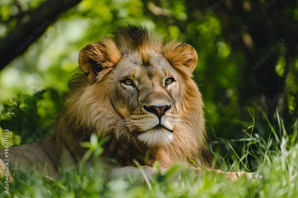 Majestic Lion with a Powerful Gaze in the Green Bush Majestic Lion with a Powerful Gaze in the Green Bush