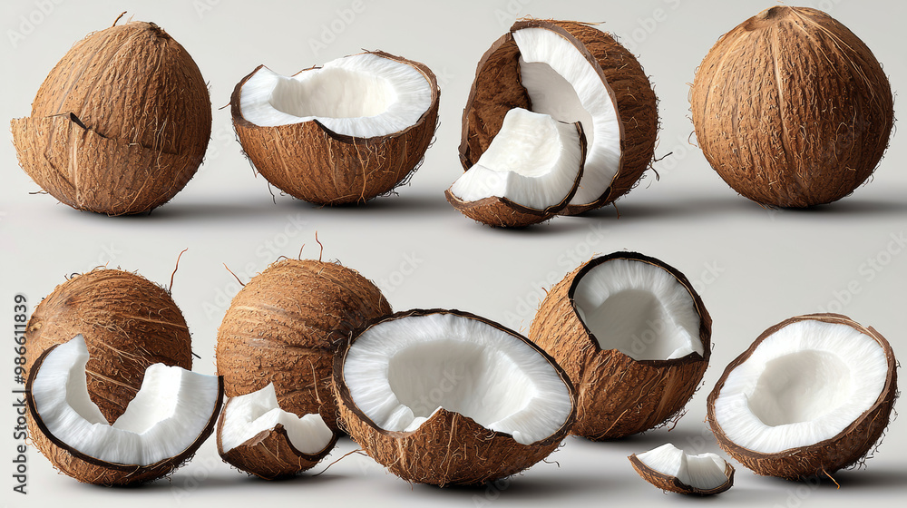 Whole and cracked coconuts on a white background. Whole and cracked coconuts on a white background.