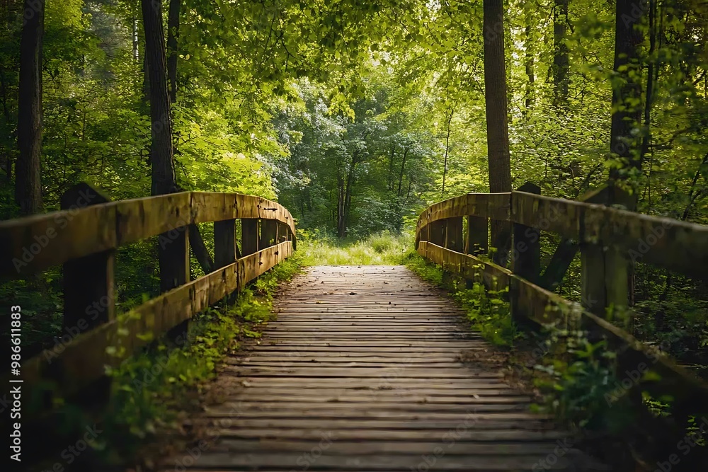 Fototapeta premium Wooden bridge leading into a lush green forest path, with sunbeams breaking through the leaves