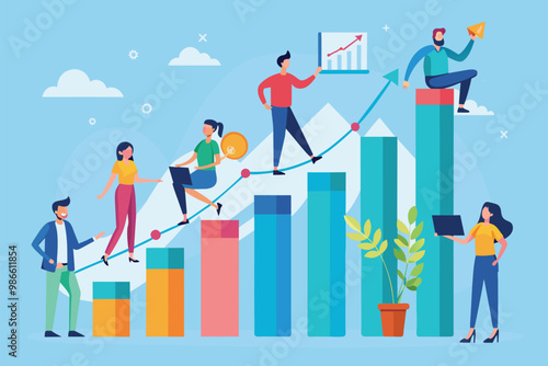 A graph illustrates increasing participation of individuals in different activities and occupations over time, Analysis of a graph showing the growth of people, presented in a flat illustration.