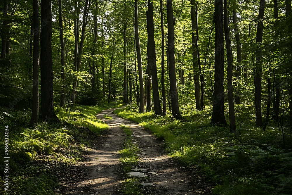Sunlight shining through the trees in a lush green forest Sunlight shining through the trees in a lush green forest