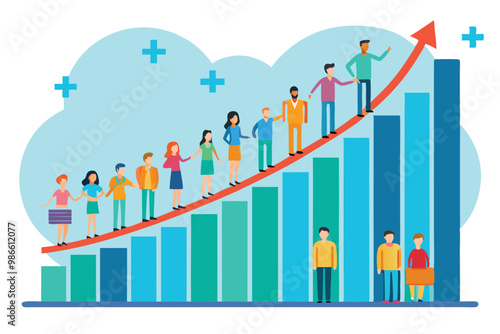 The graph displays ongoing population growth trends among different demographic groups over time, Analysis of graph showing growth in population, presented in a simple illustration.