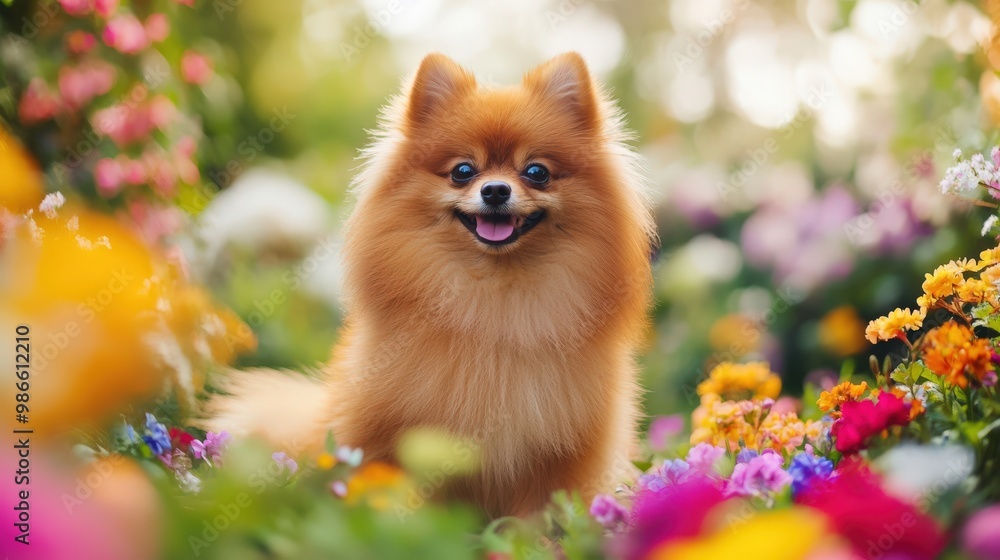 A playful Pomeranian stands among colorful flowers, showcasing its fluffy fur adorned with blooms in a picturesque garden during a sunny day A playful Pomeranian stands among colorful flowers, showcasing its fluffy fur adorned with blooms in a picturesque garden during a sunny day