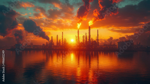 A dramatic sunset behind an industrial plant with smoke rising, reflecting on the calm water below