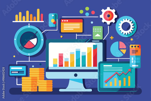 An illustration shows various charts and graphs displayed on screens, symbolizing data analysis stability, Analyst data is stable and the illustration is not showing any changes.