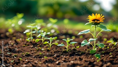 Nurturing Growth: Sustainable Agriculture with Seedlings, Soil, and Vibrant Mexican Sunflowers in an Outdoor Farm Environment