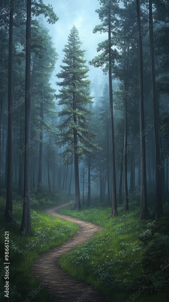 Obraz premium A winding dirt path meanders through a forest filled with tall trees. Bright light filters through the fog, creating a serene yet mysterious atmosphere