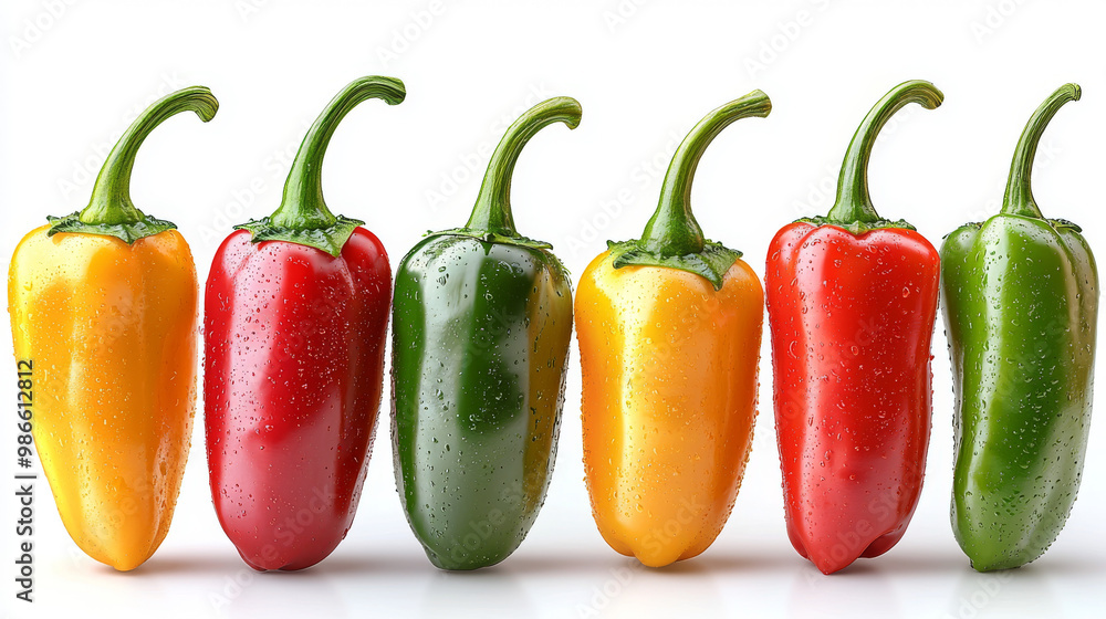 A row of six colorful bell peppers, ready to be used in a delicious meal. A row of six colorful bell peppers, ready to be used in a delicious meal.
