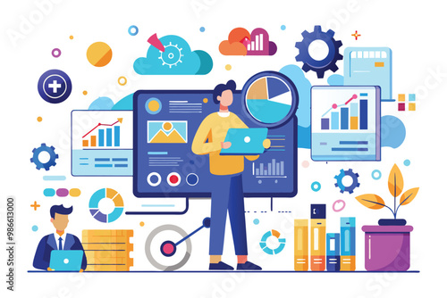 A person analyzes big data through an infographic while others manage data visualization tasks nearby, Analyze big data with a simple infographic illustration.