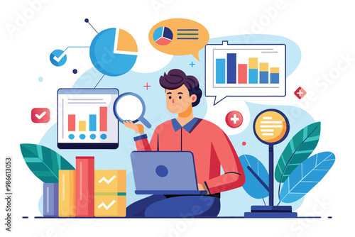 A person examines business metrics on a laptop while surrounded by visual data representations, Analyze business data with a flat illustration.