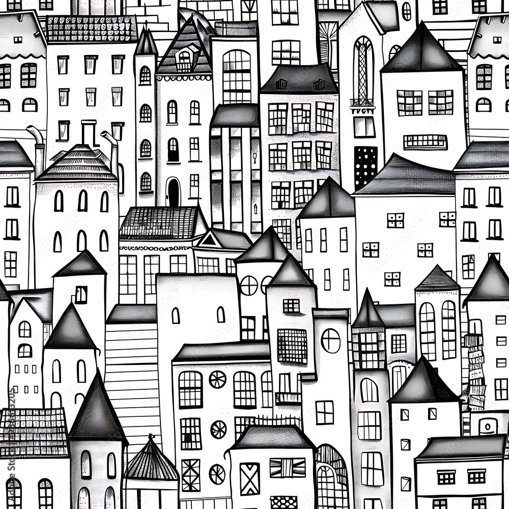 Fototapeta premium Cityscape Illustration Repeating Pattern, Black and White