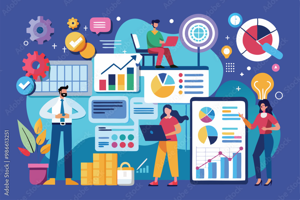 A group of professionals discusses data trends using charts and graphs while working on laptops, Analyze company trends and data, including flat illustrations. A group of professionals discusses data trends using charts and graphs while working on laptops, Analyze company trends and data, including flat illustrations.