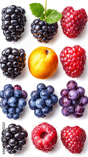 A variety of fresh berries and a single apricot arranged in rows.