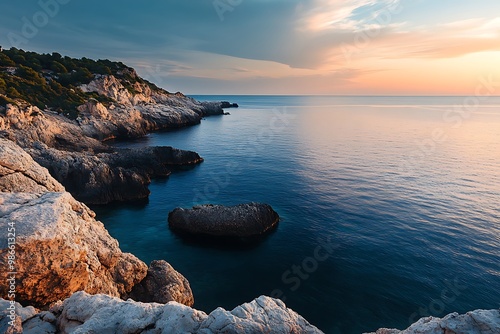 Stunning Sunset View of Rocky Coastline and Ocean with Dramatic Sky