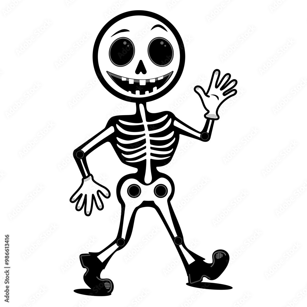 Cartoon skeleton character with large eyes, a wide smile, waving. Halloween object Isolated on white background. Vector illustration. Cartoon skeleton character with large eyes, a wide smile, waving. Halloween object Isolated on white background. Vector illustration.