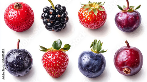 Fresh berries arranged on a white background.